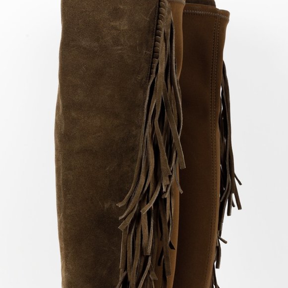 Stuart Weitzman 5050 Mane Fringe Olive Suede Leather OTK Boots - Picture 7 of 11